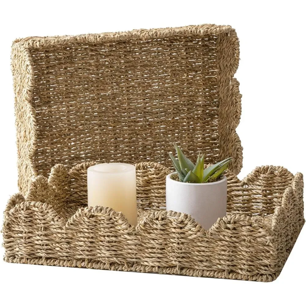 Boho Wicker Storage Baskets 2 Pack Large Scalloped Seagrass Rectangle Tray Set
